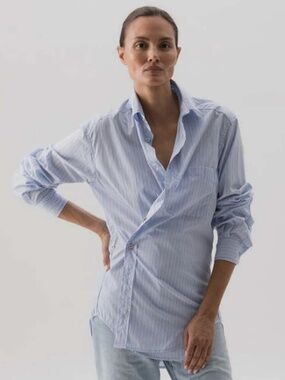 Wear Cisco Blue White Striped Adjustable Waist Button Down Shirt Medium Made in
